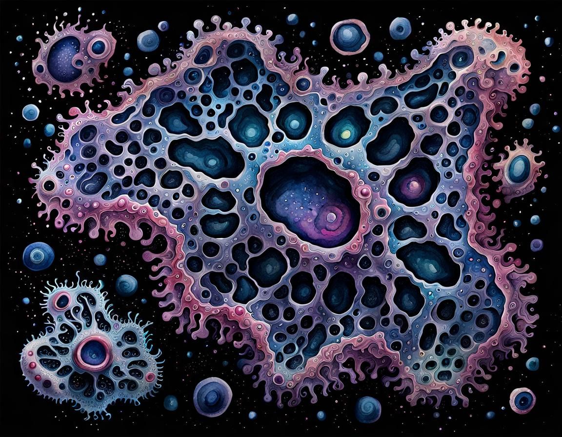 Detailed Watercolor Amoeba on Black Paper