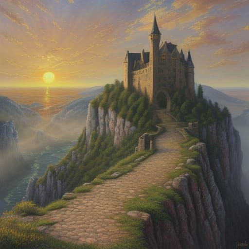 Impressionist Castle Landscape with Ethereal Golden Hour Lig...