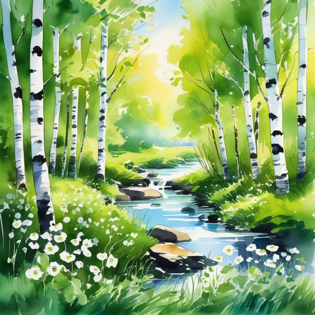 Sunlit Birches and Anemones: Cel-Shaded Anime Watercolor