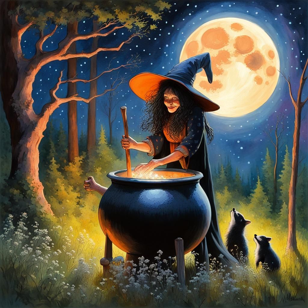 Whimsical Witch Brews Potion Under Moonlight, Gouache Style
