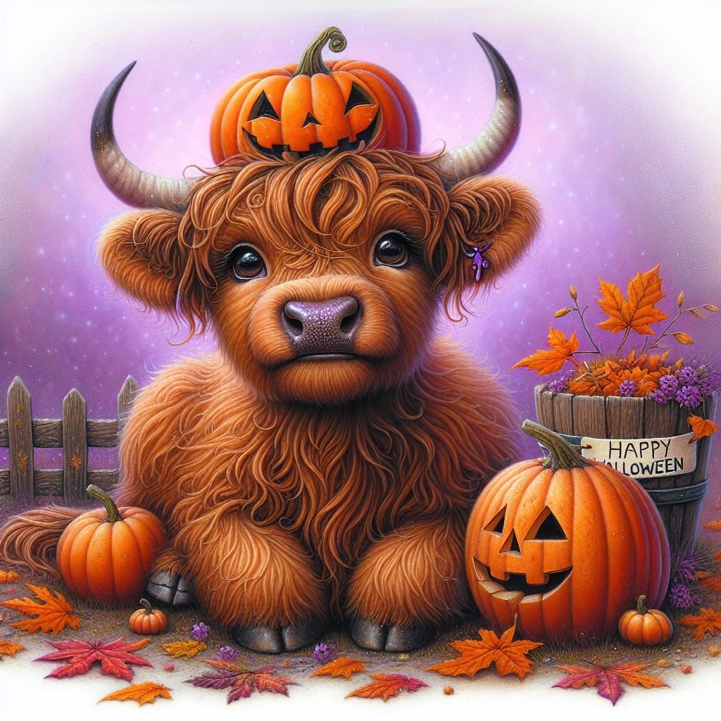 Halloween Highland Cow in Whimsical Oil Painting