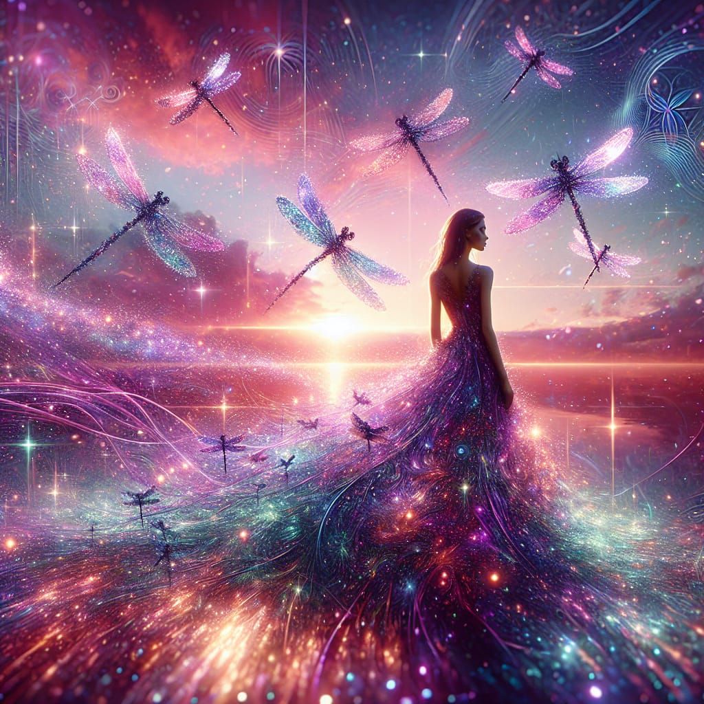 Woman in Dragonfly Dress at Sunset, Cinematic Style