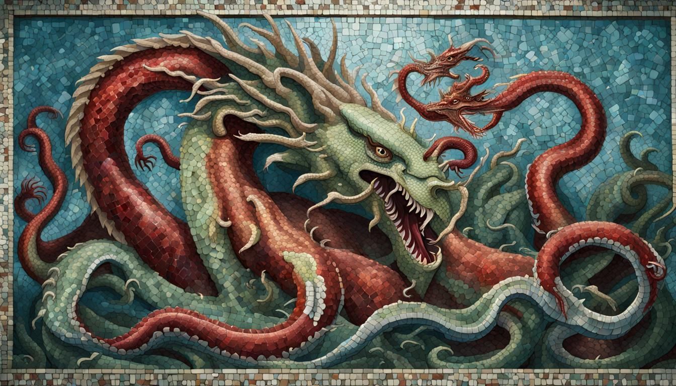 Underwater Dragon vs Kraken Mosaic Art