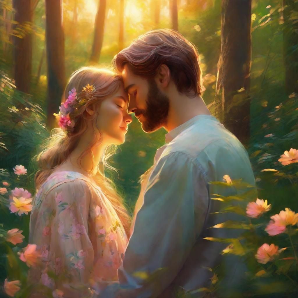Loving Couple Embrace in Lush Forest, Digital Art