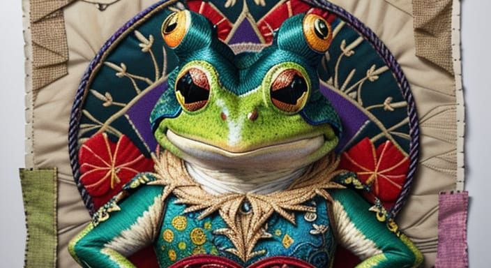 Vibrant Fabric Frog Portrait in Intricate Mixed Media