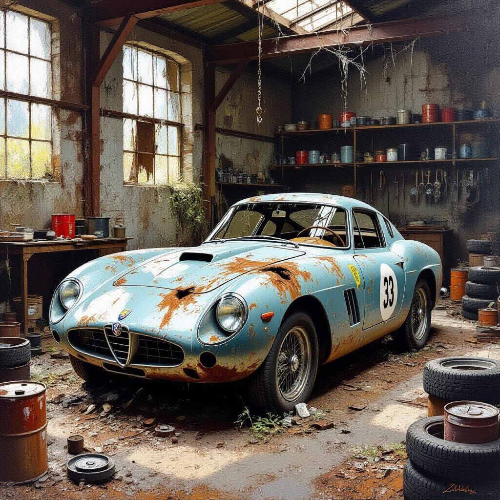 Rusted Alfa Romeo in Abandoned Workshop Oil Painting