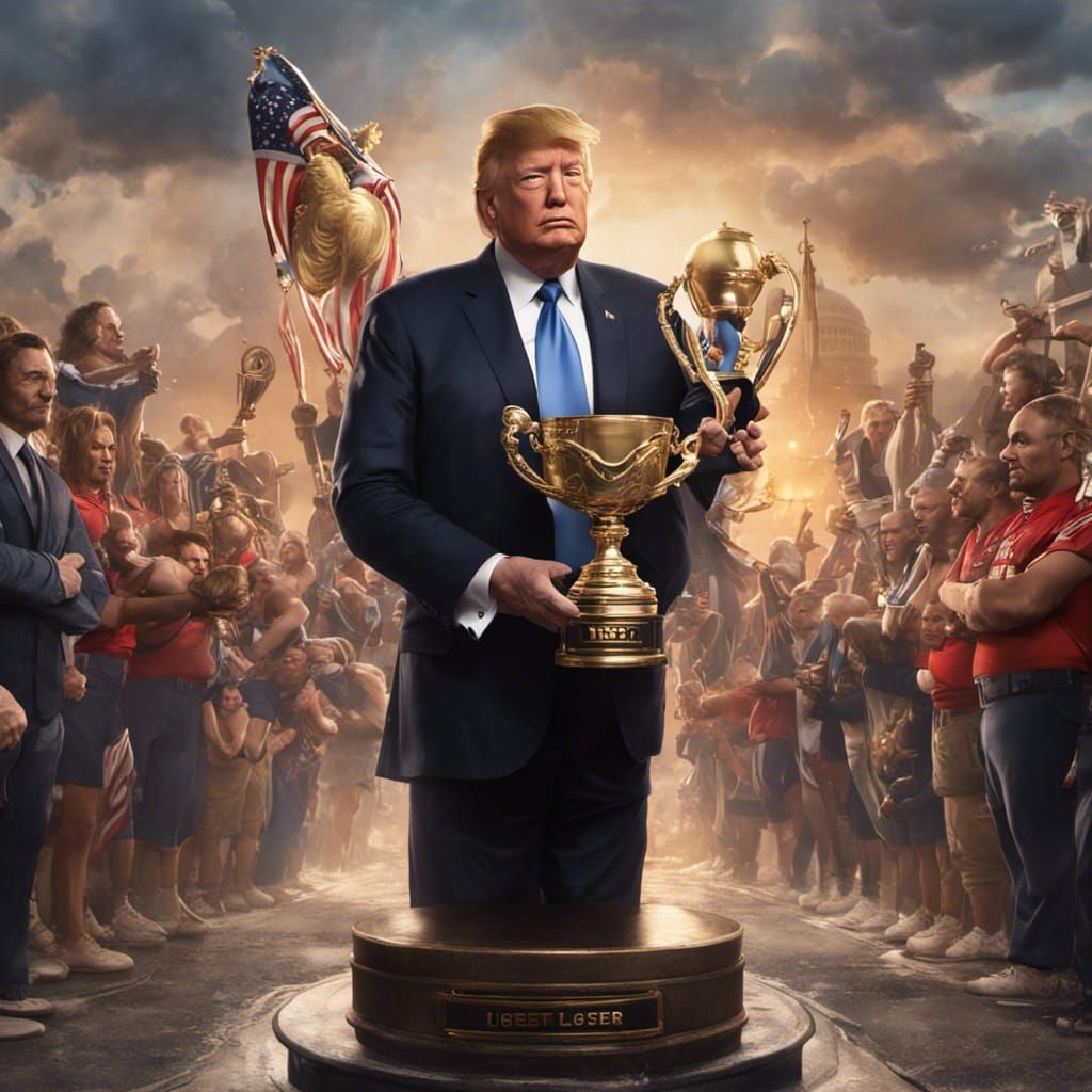 Trump holding a trophy that says= "BIGGEST+LOSER"