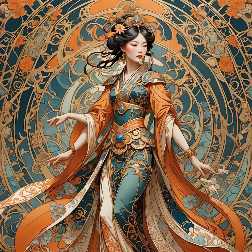 Art Nouveau Empress on Runway in Gold and Black