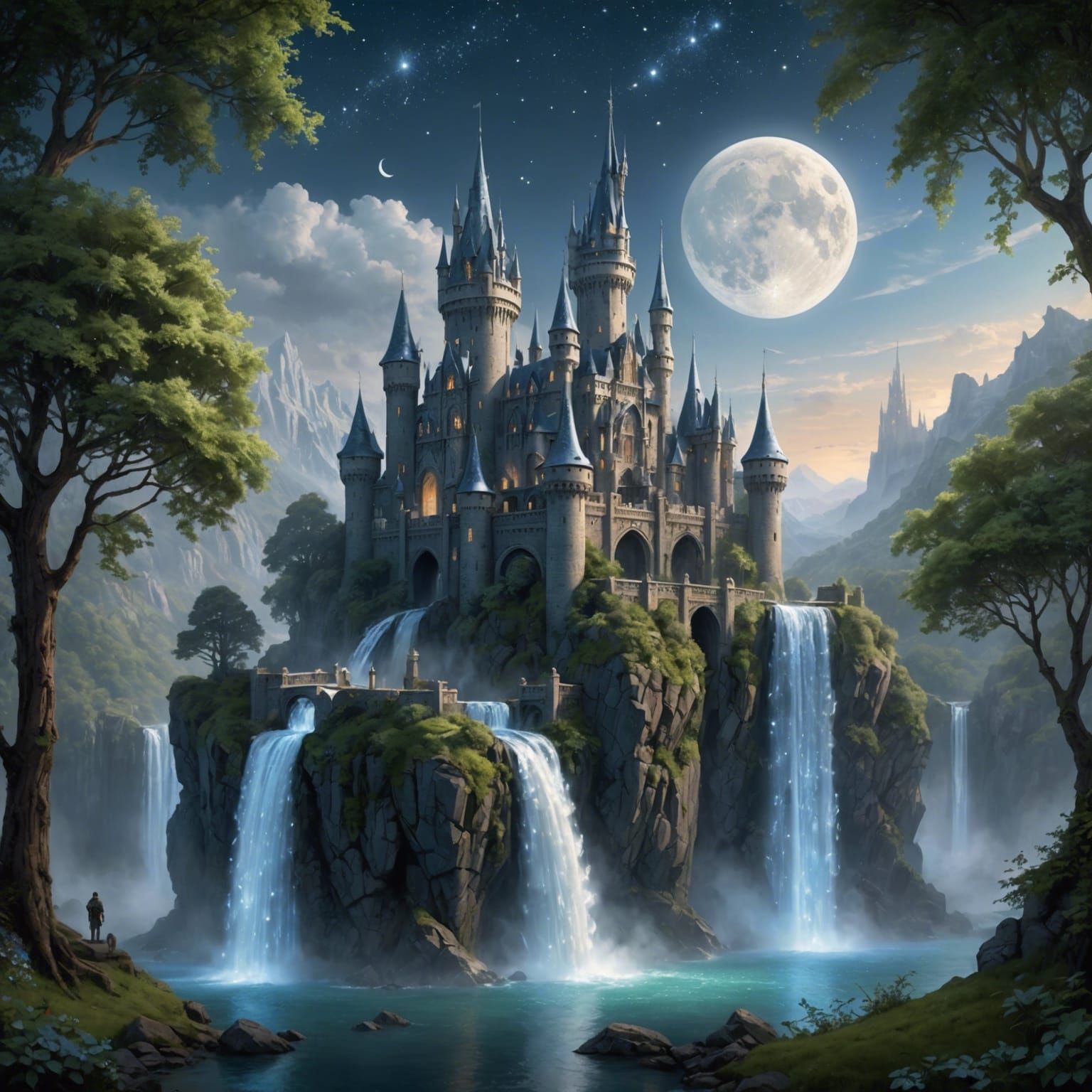 Enchanting Fantasy Castle Shrouded in Silvery Mist