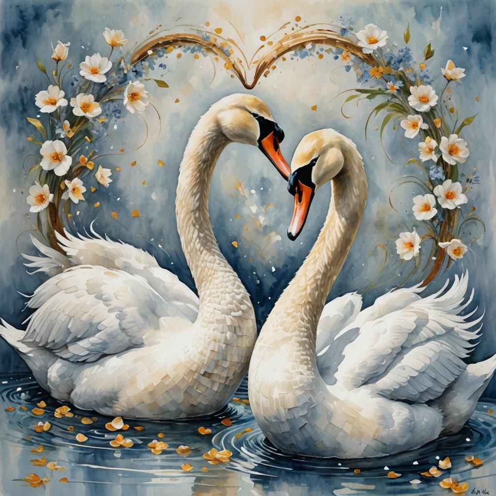 Swan Love Heart in Neo-Mosaic Impasto Style