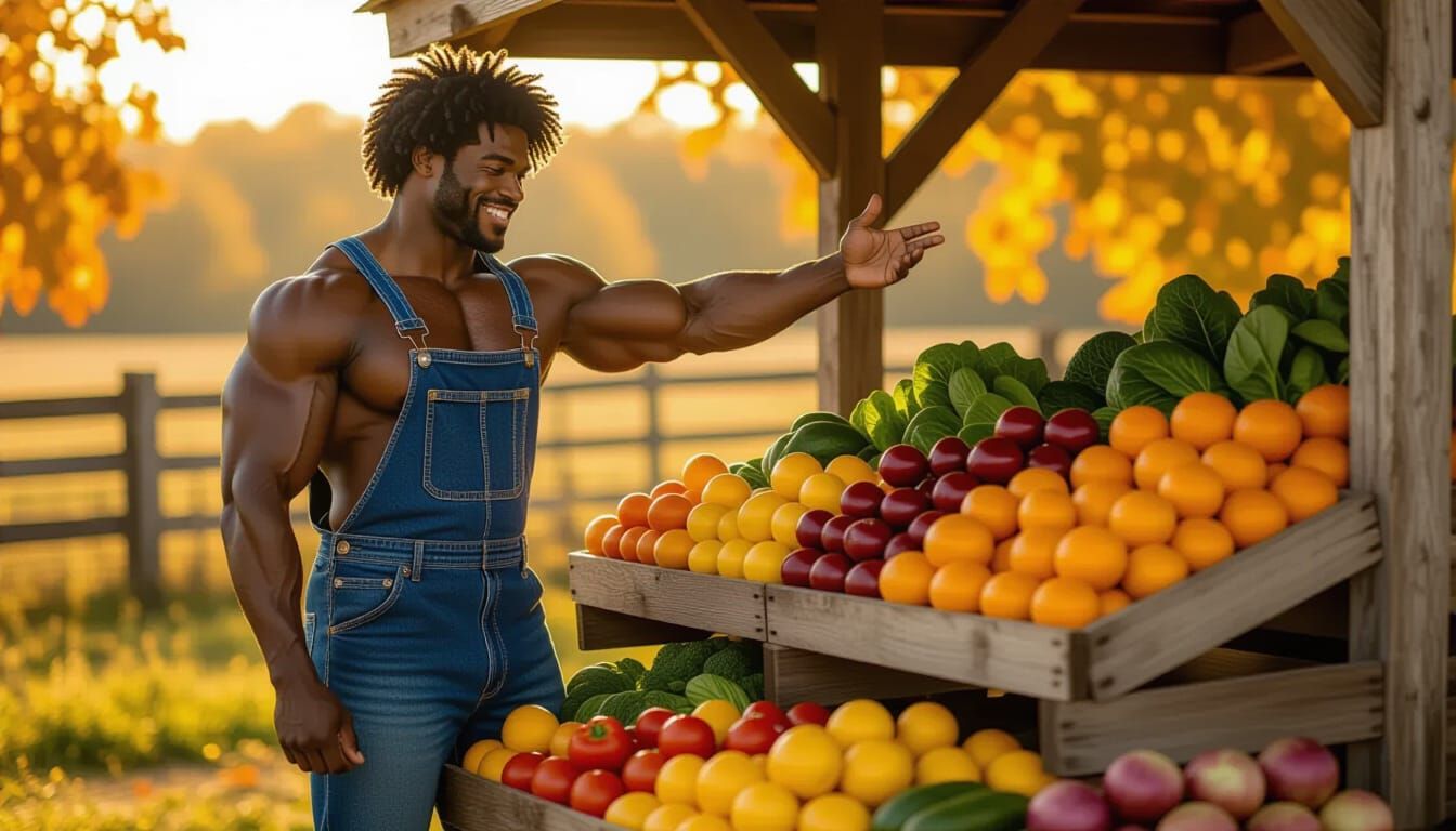 African-American Bodybuilder at Farm Stand in Fall