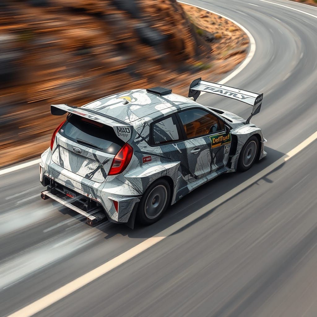 Rally car wrapped in "concrete mixer" artwork