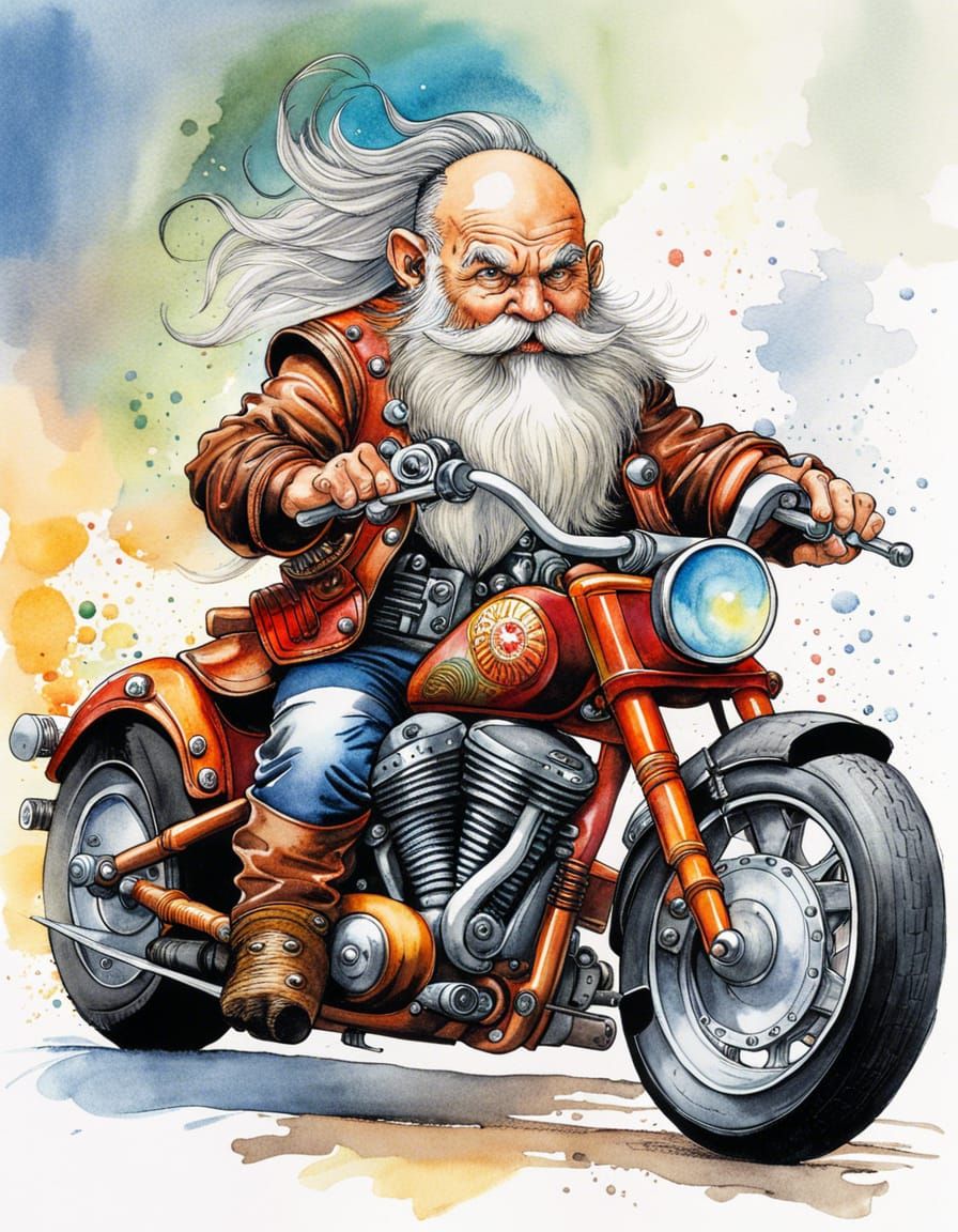 Detailed Dwarf Biker Watercolor Line Art