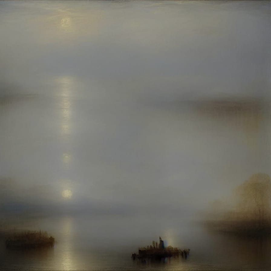Rising Sun and Moon on a Foggy Day, shimmering light à la J.M.W. Turner.