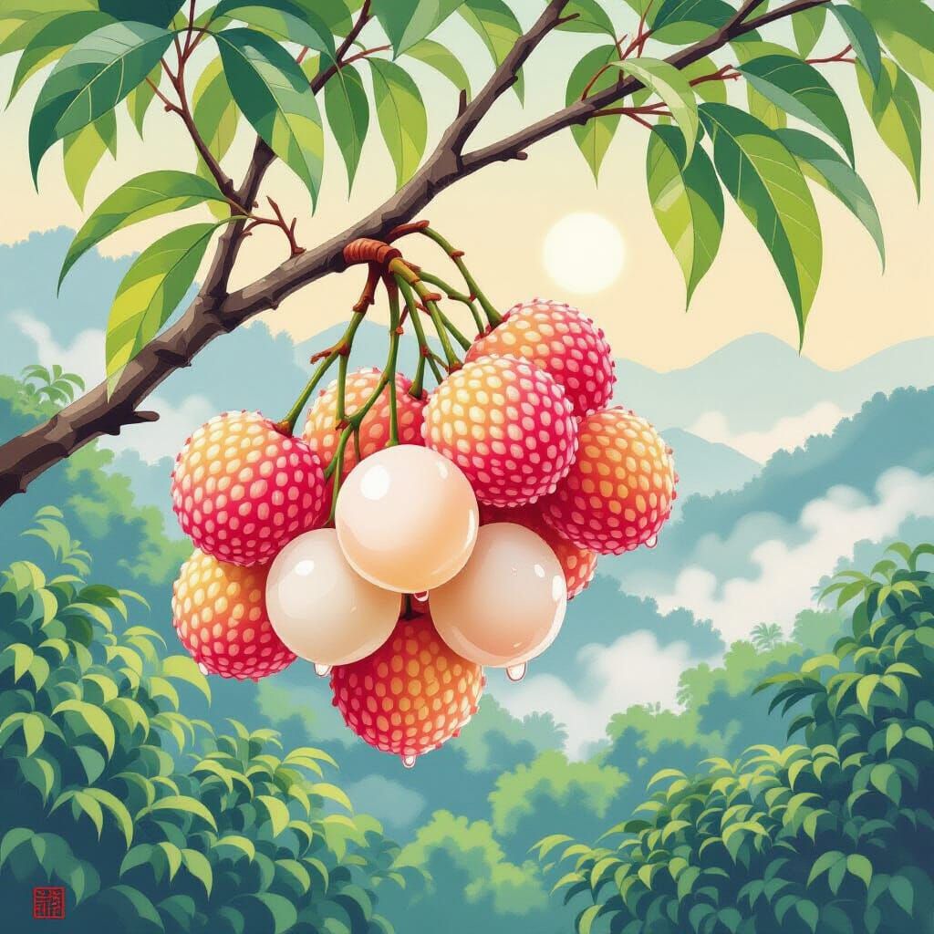 Fresh Lychee Fruit in Guangdong Orchard, Chinese Brush Paint...