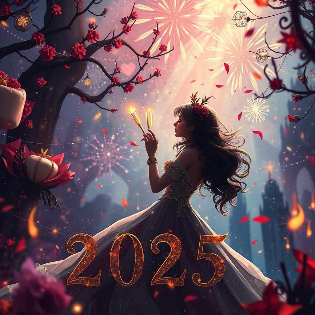 Whimsical New Year's Eve Love Scene in Vibrant Fantasy Style