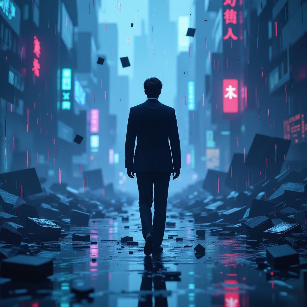 Surreal Data Glitch Art with Suited Figure