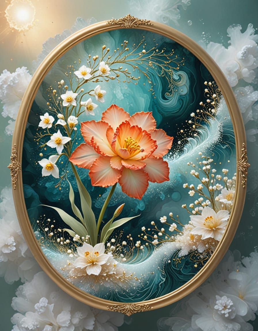 Alcohol Ink Coral Narcissus Flower in Gold Frame