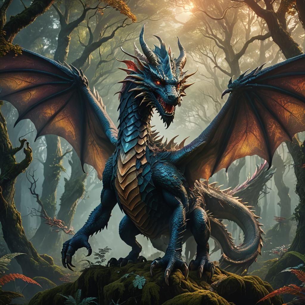 Heroic Dragon-Human Hybrid in Mystical Forest