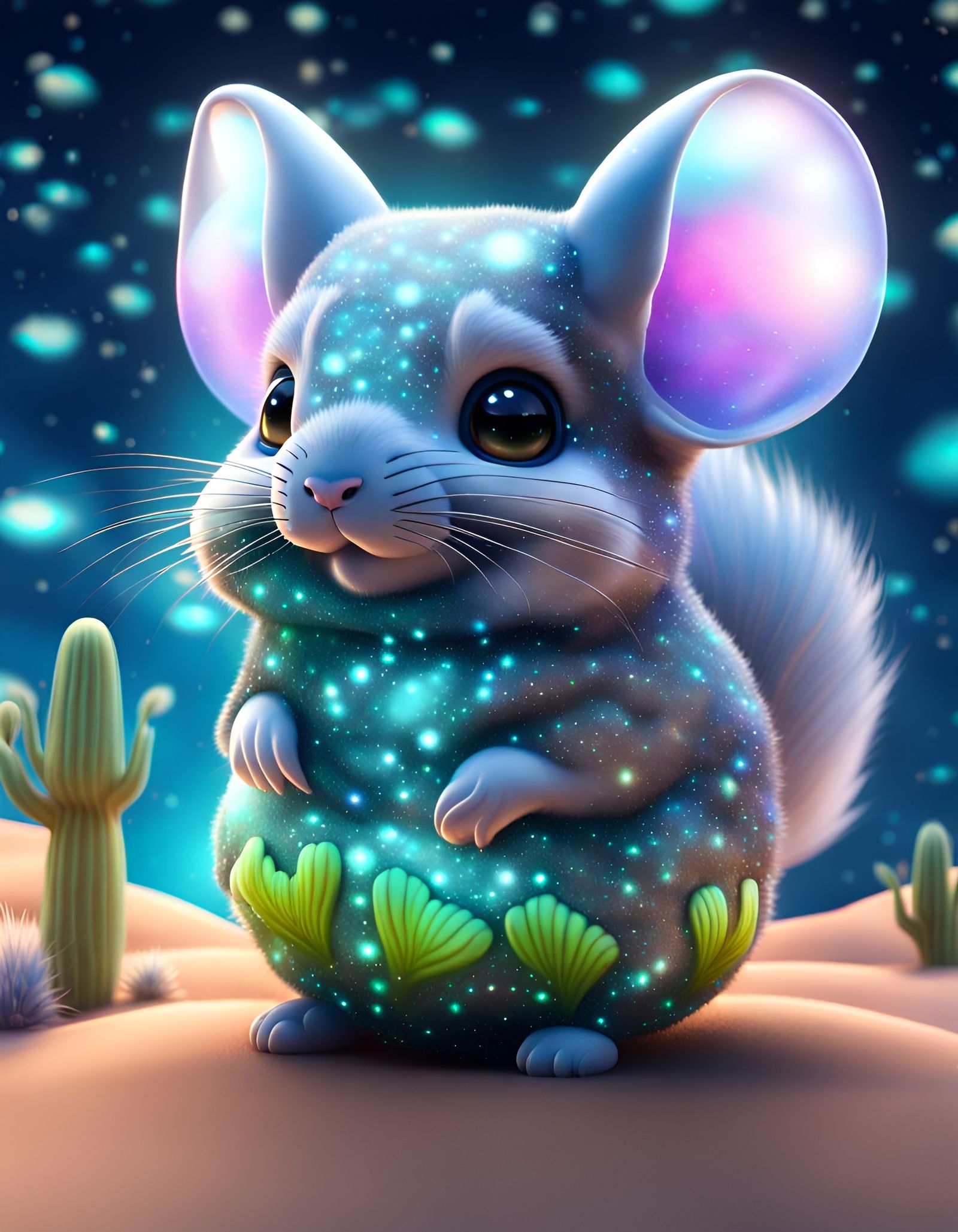 Bioluminescent Glass Chinchilla with Galaxy Background