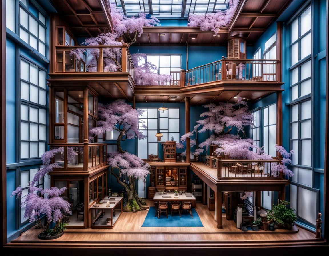 Surreal Dollhouse Atrium in Blue: Aiba-Inspired Architecture