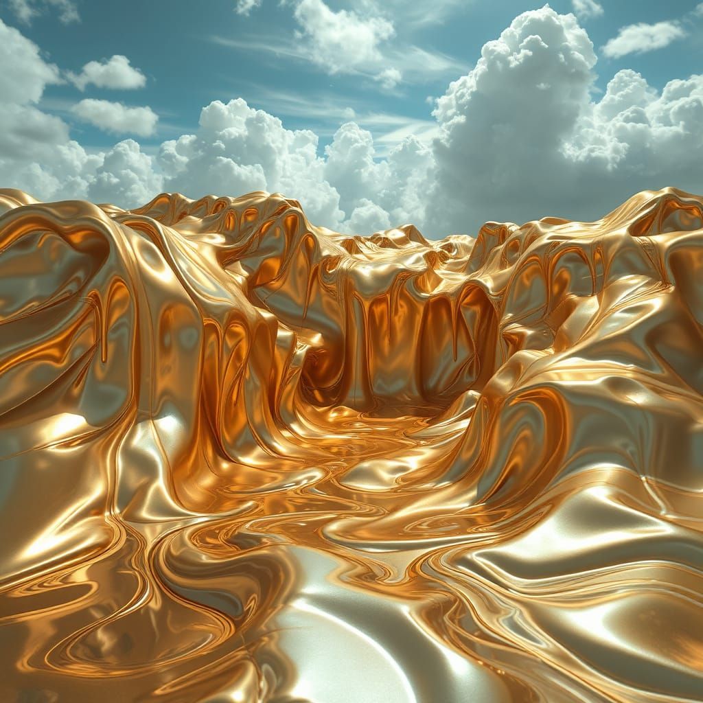 Surreal Dreamscape Smothered in Golden, Glossy Paint