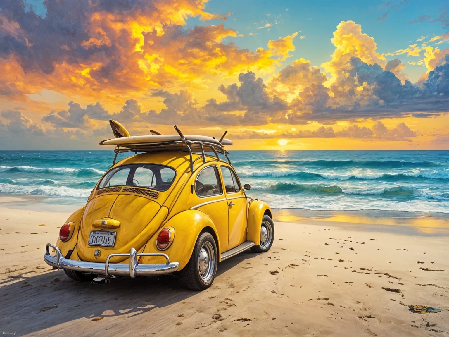 Vintage Yellow Volkswagen Beetle on Sandy Beach at Sunset