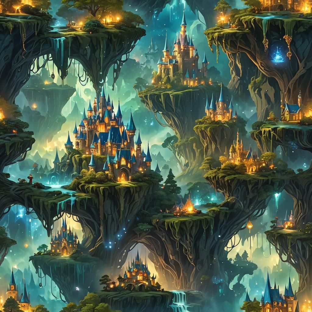Mystical World with Floating Islands and Magic Castle