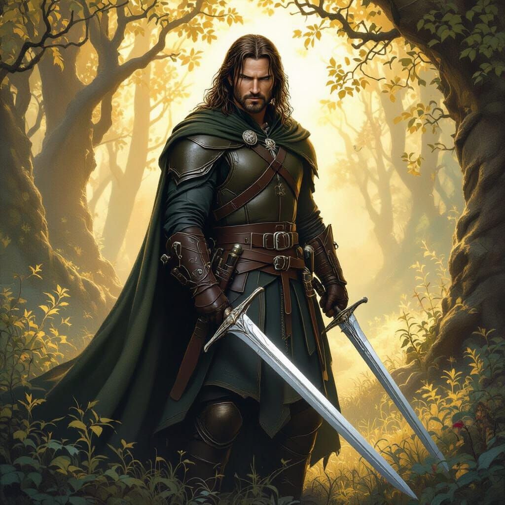 Aragorn in Mystical Forest, Heroic Fantasy Art
