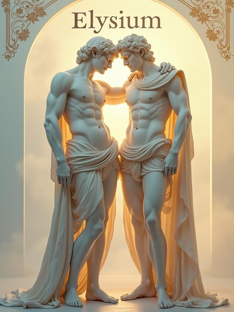 Classical Statues Embrace in Art Nouveau Style
