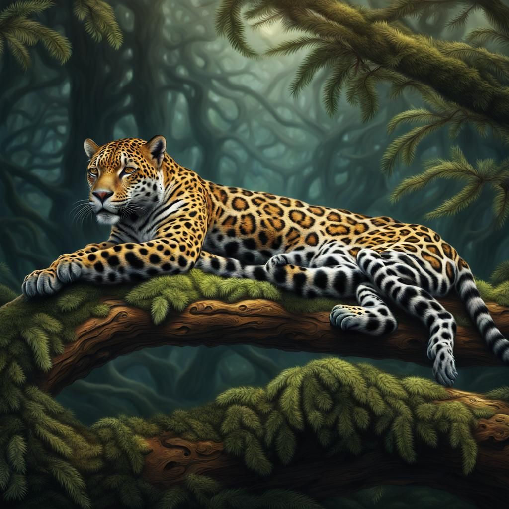 Jaguar in Conifer Tree: Surreal Digital Illustration