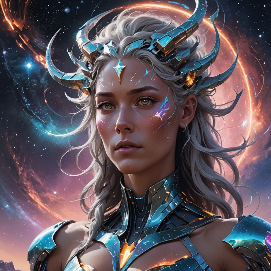 Futuristic Celestial Goddess Portrait in Digital Art Style