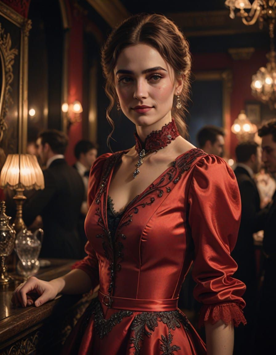 Elegant Victorian Lady in Scarlet in a Mysterious Club