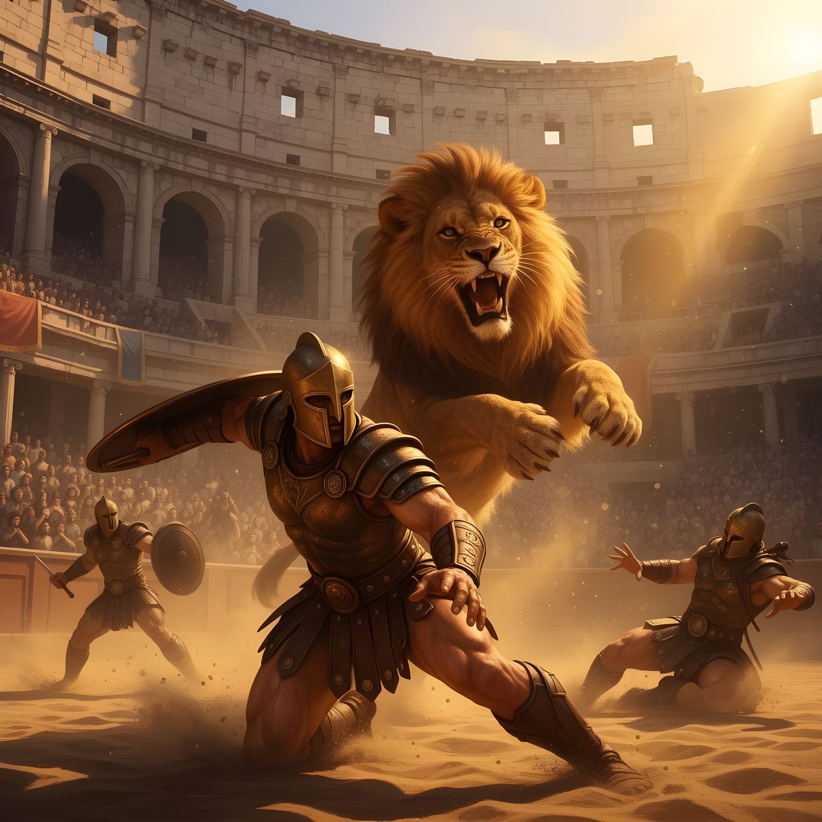 Gladiators and Lion in Ancient Roman Colosseum