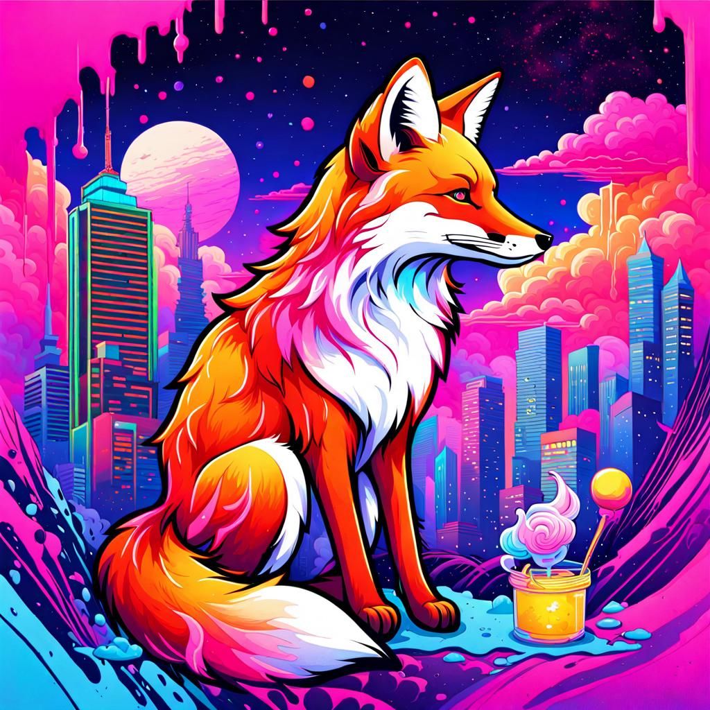 Vaporwave Fox in Neon Cityscape