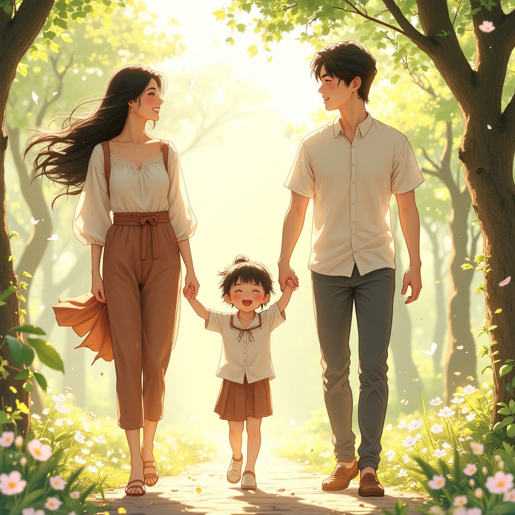 Happy Family Stroll in Anime Key Visual Style