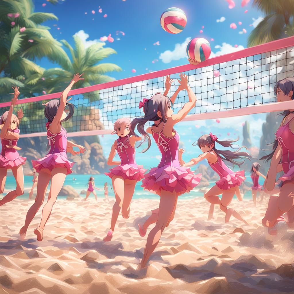 Anime Girls Play Beach Volleyball in Pink Corsets