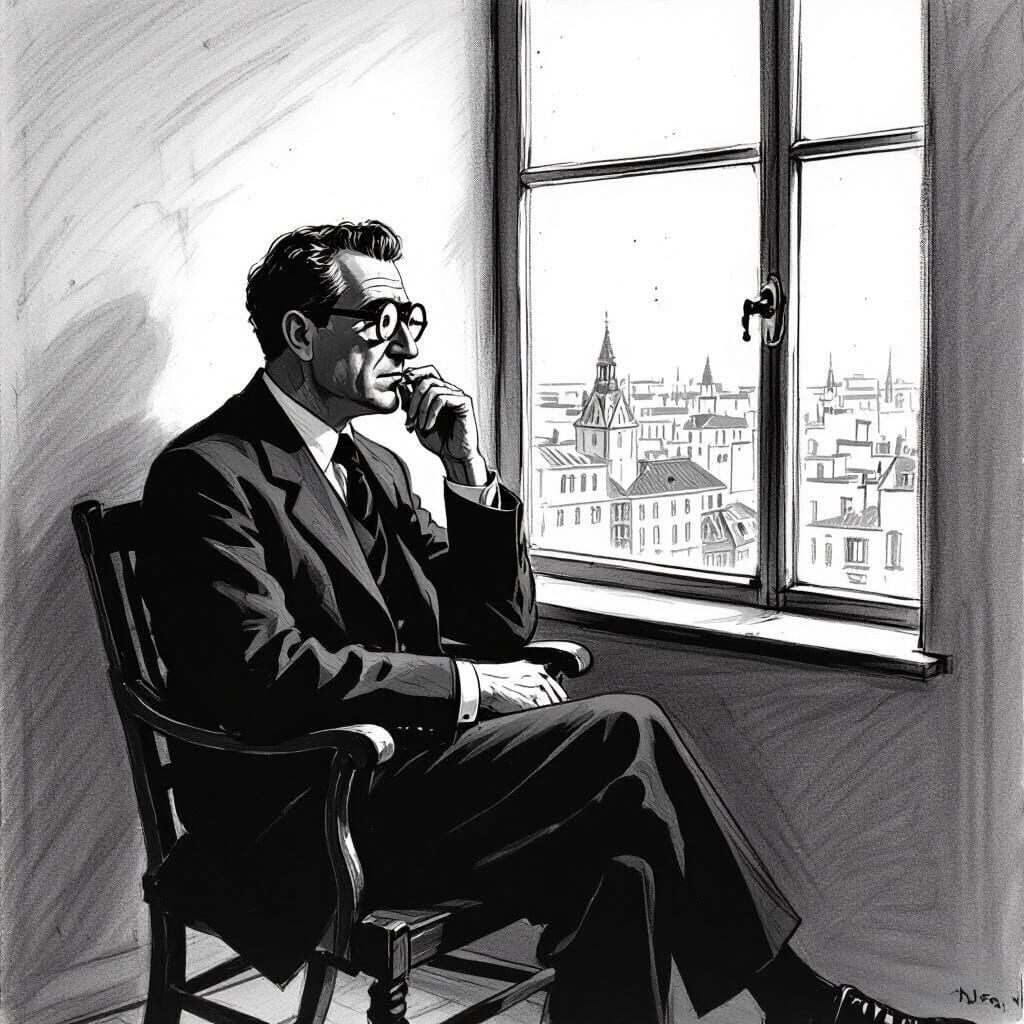 Sartre Gazing Out Window in Black and White Pencil Style
