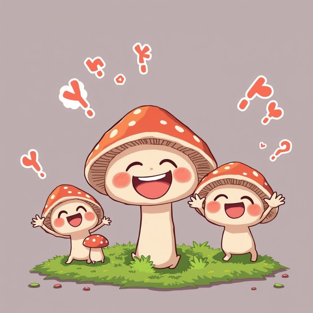 A crazy wacky happy anthropomorphic shiitake mushroom anime family doing silly things in their portrait. by artist "anim...
