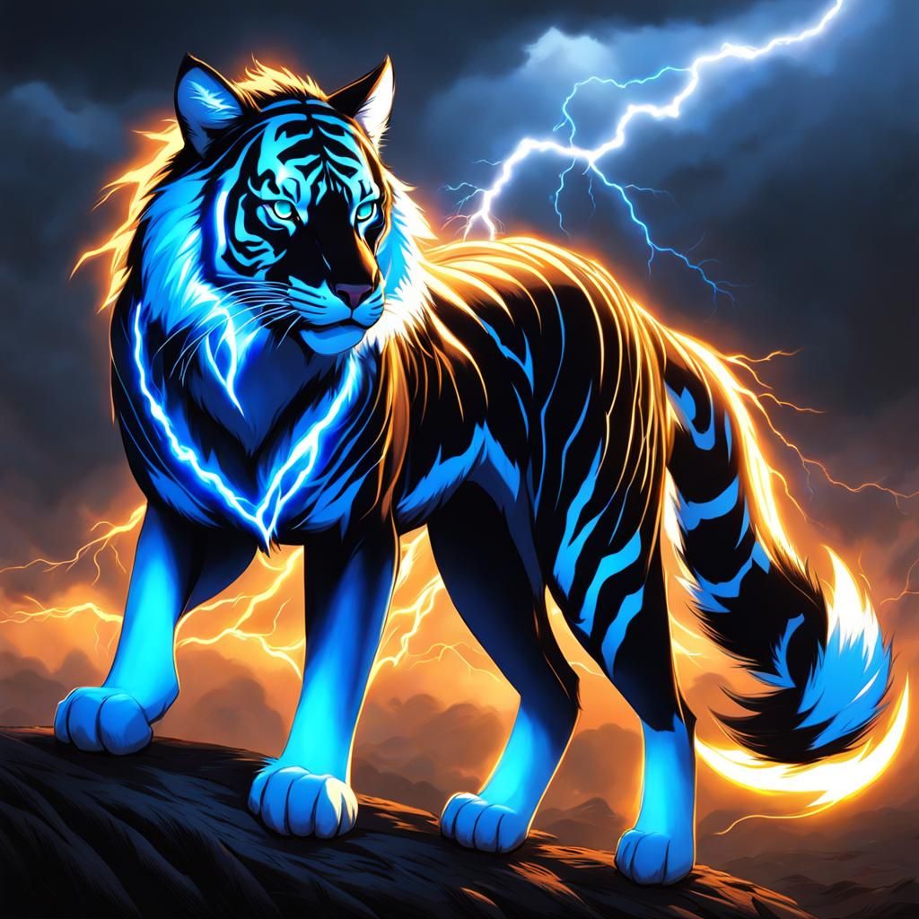 Electric Fox-Tiger Hybrid Amidst Lightning Storm