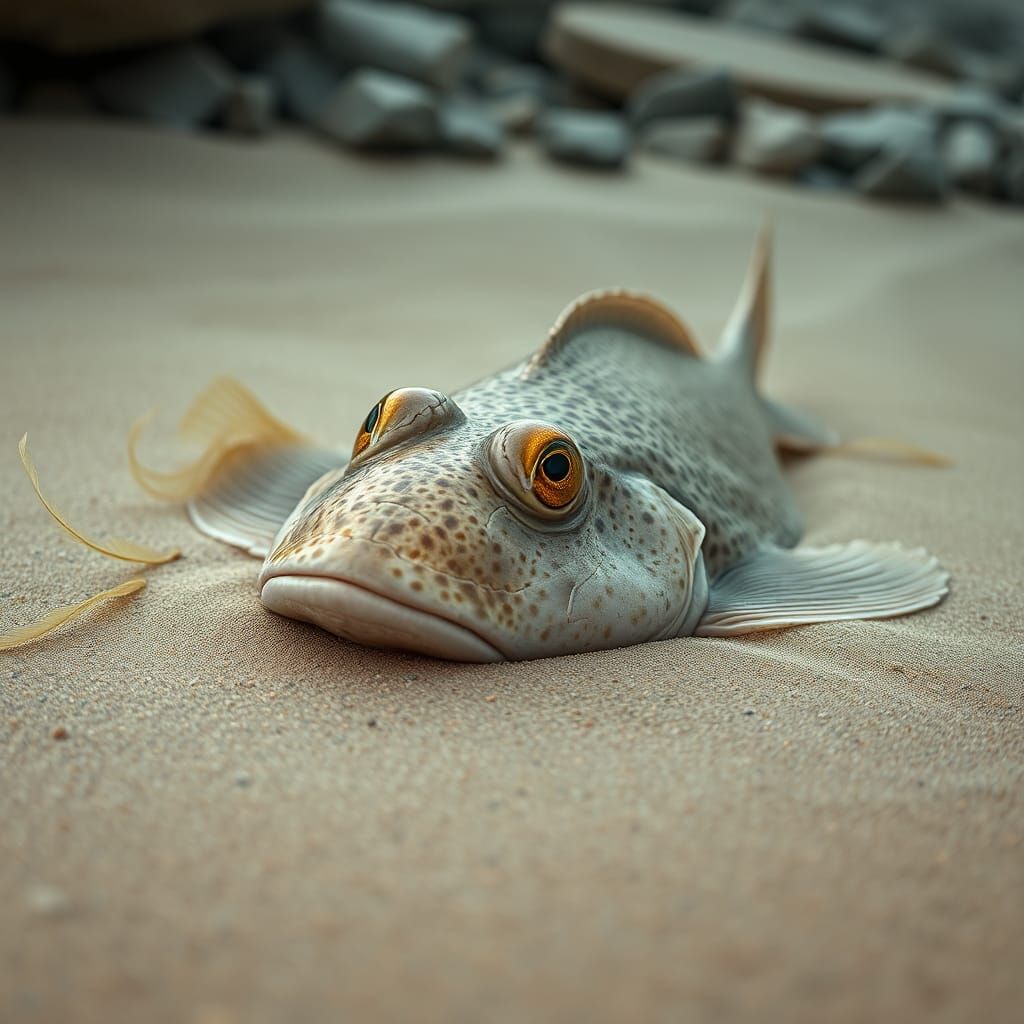 Camouflaged Flatfish on Ocean Floor, Impressionistic Style