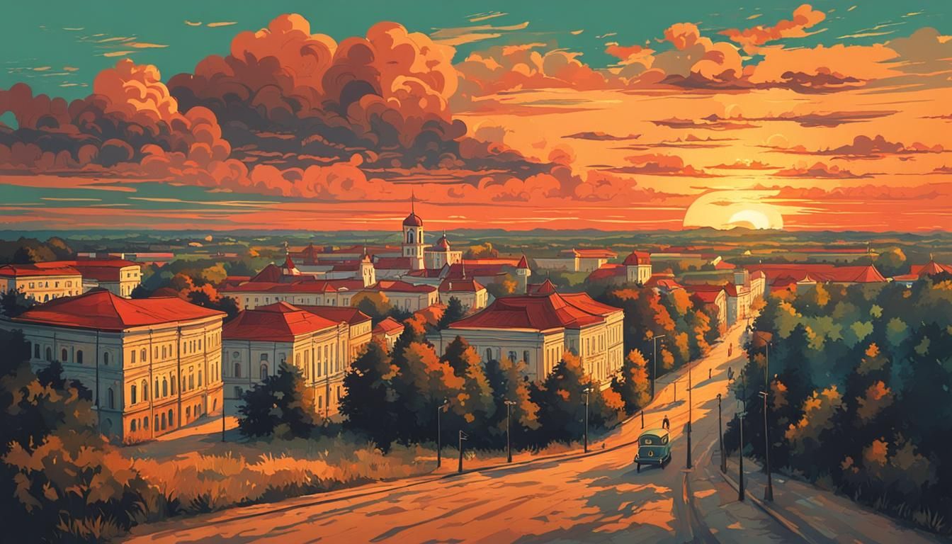 Transnistria Sunset Landscape in Vintage Style