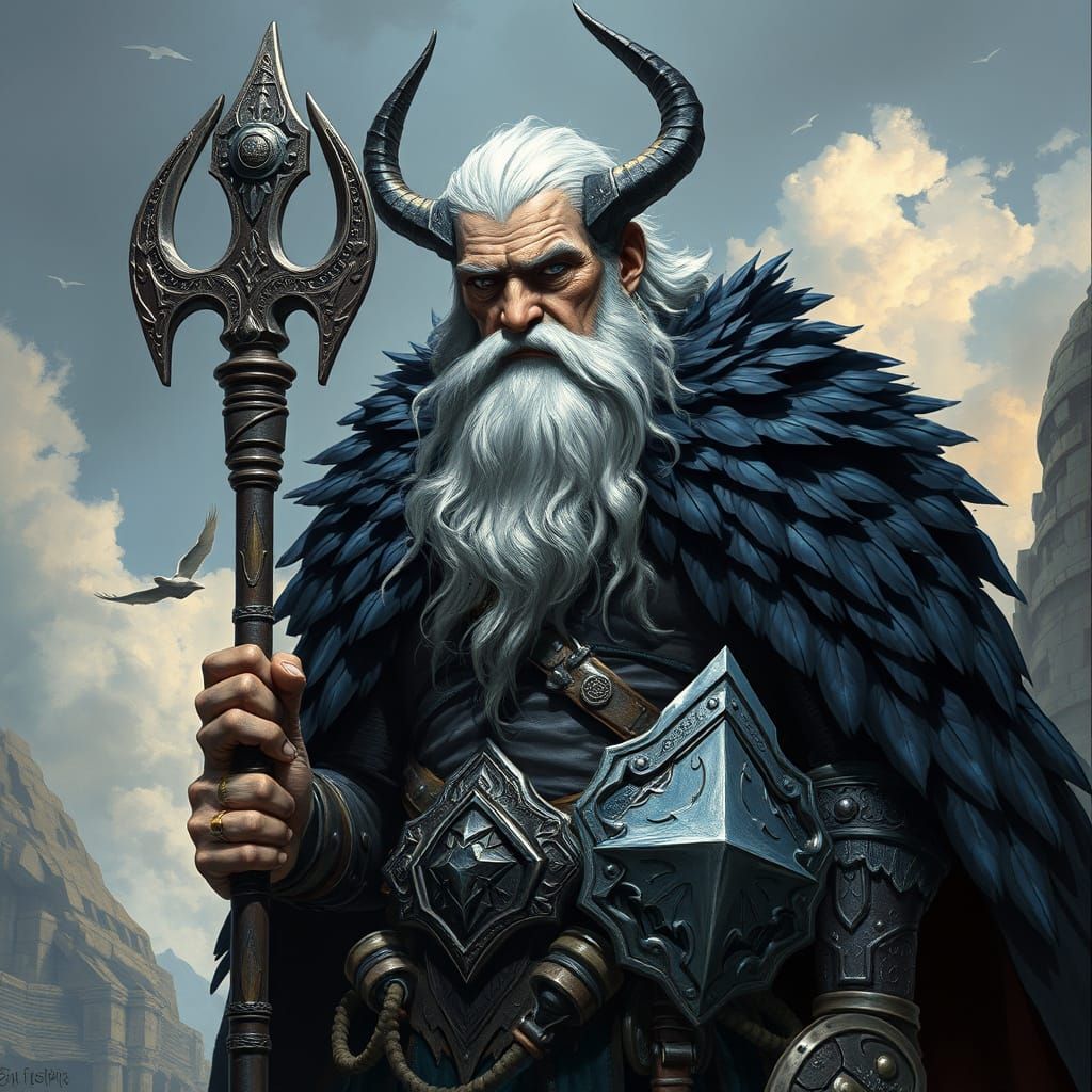 Norse God Odin in Mystic Realism Fantasy Style