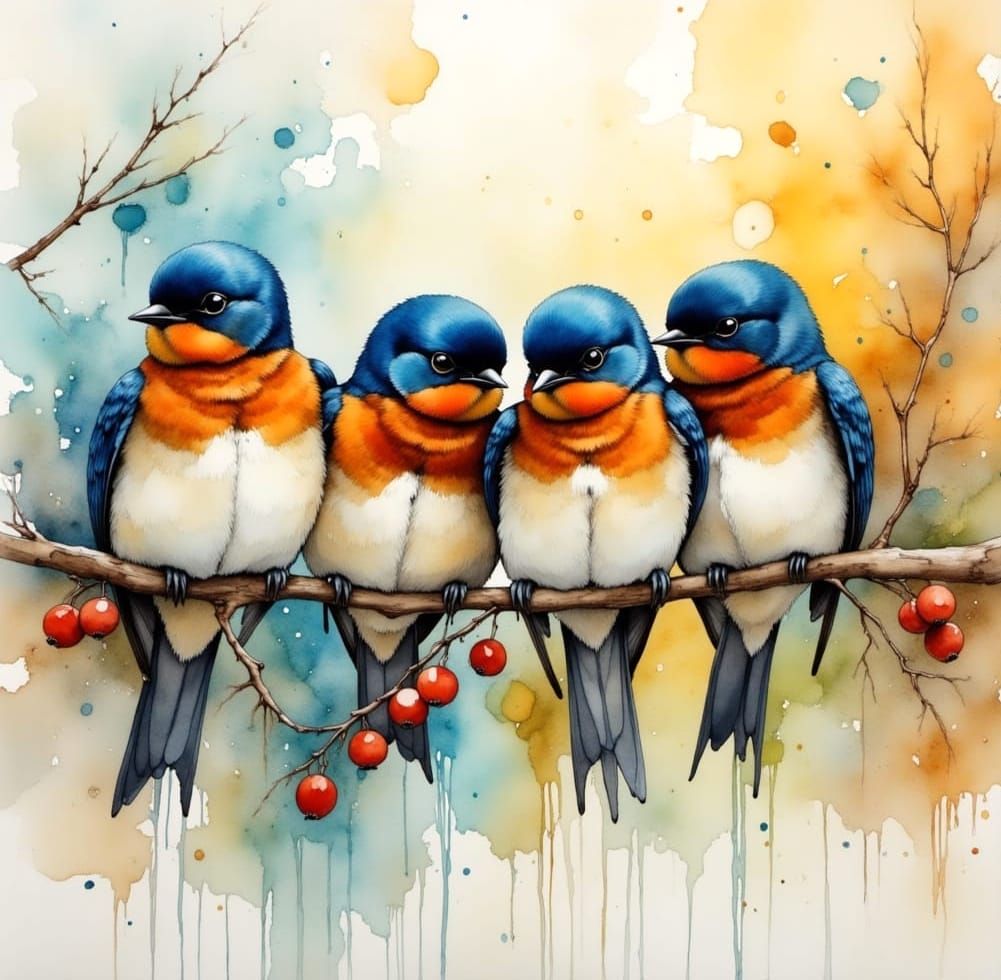 Family of Swallows in Whimsical Watercolour Style