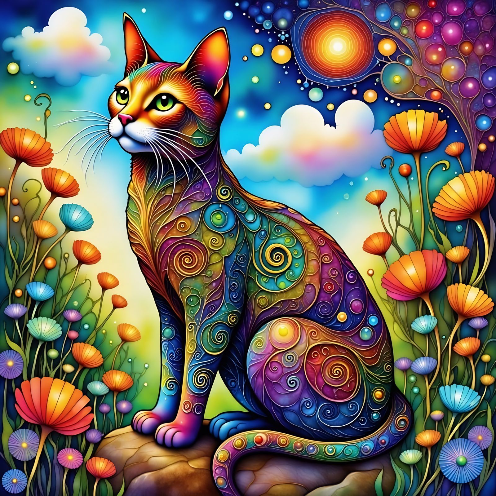 Colorful Mandala Cat in Wildflower Meadow