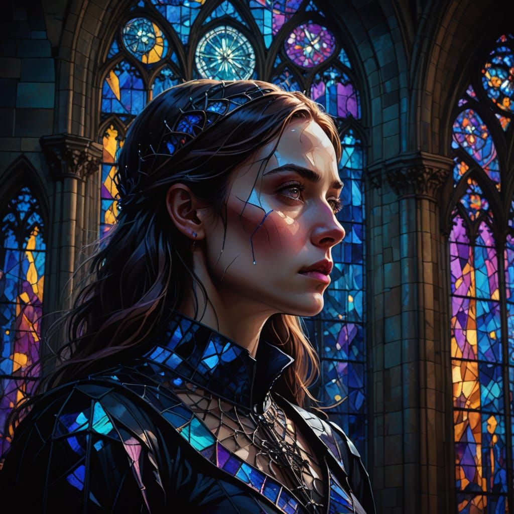 Woman in Gothic Cathedral: Surreal Oil Painting