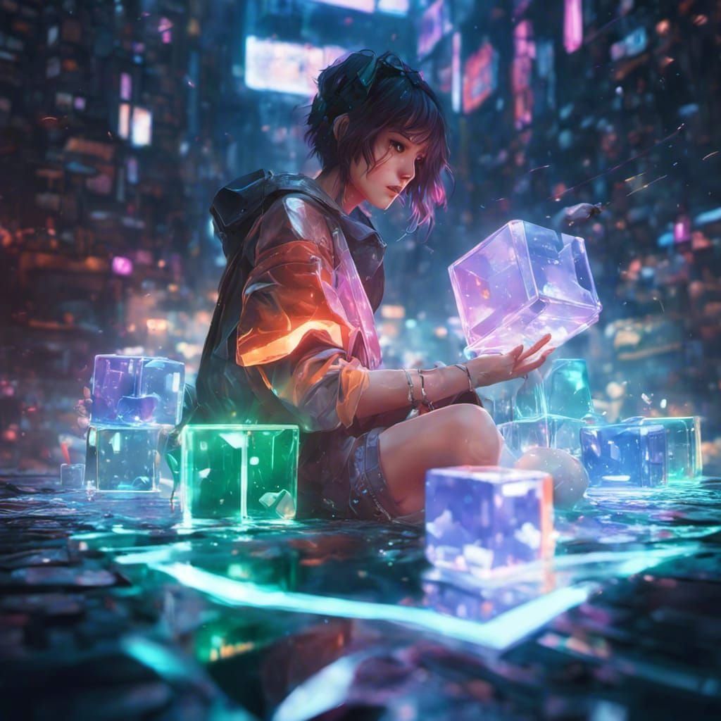 Cyberpunk Anime Girl with Floating Cubes