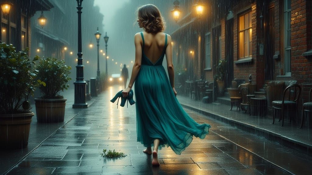 Woman in Teal Gown Walking in Rainy City