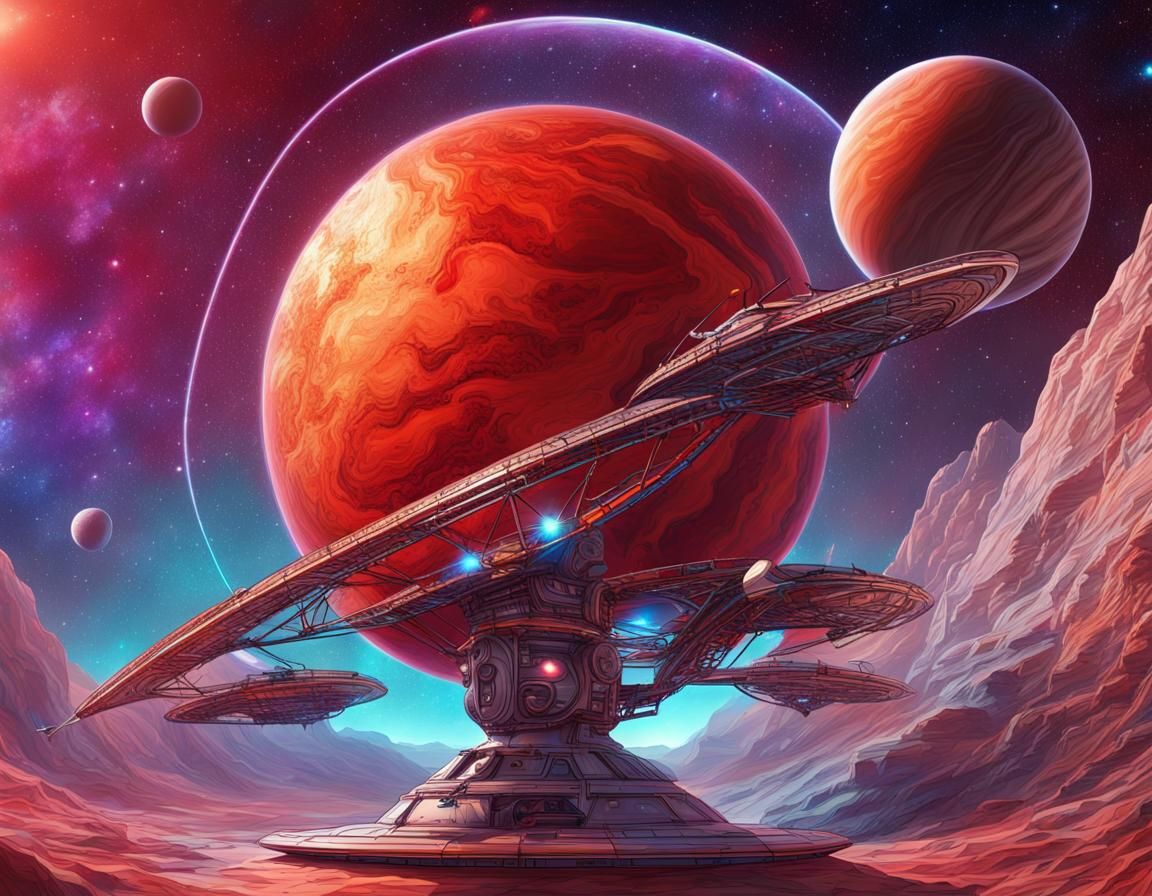 Starship Over Red Planet: Cosmic Astral Illustration