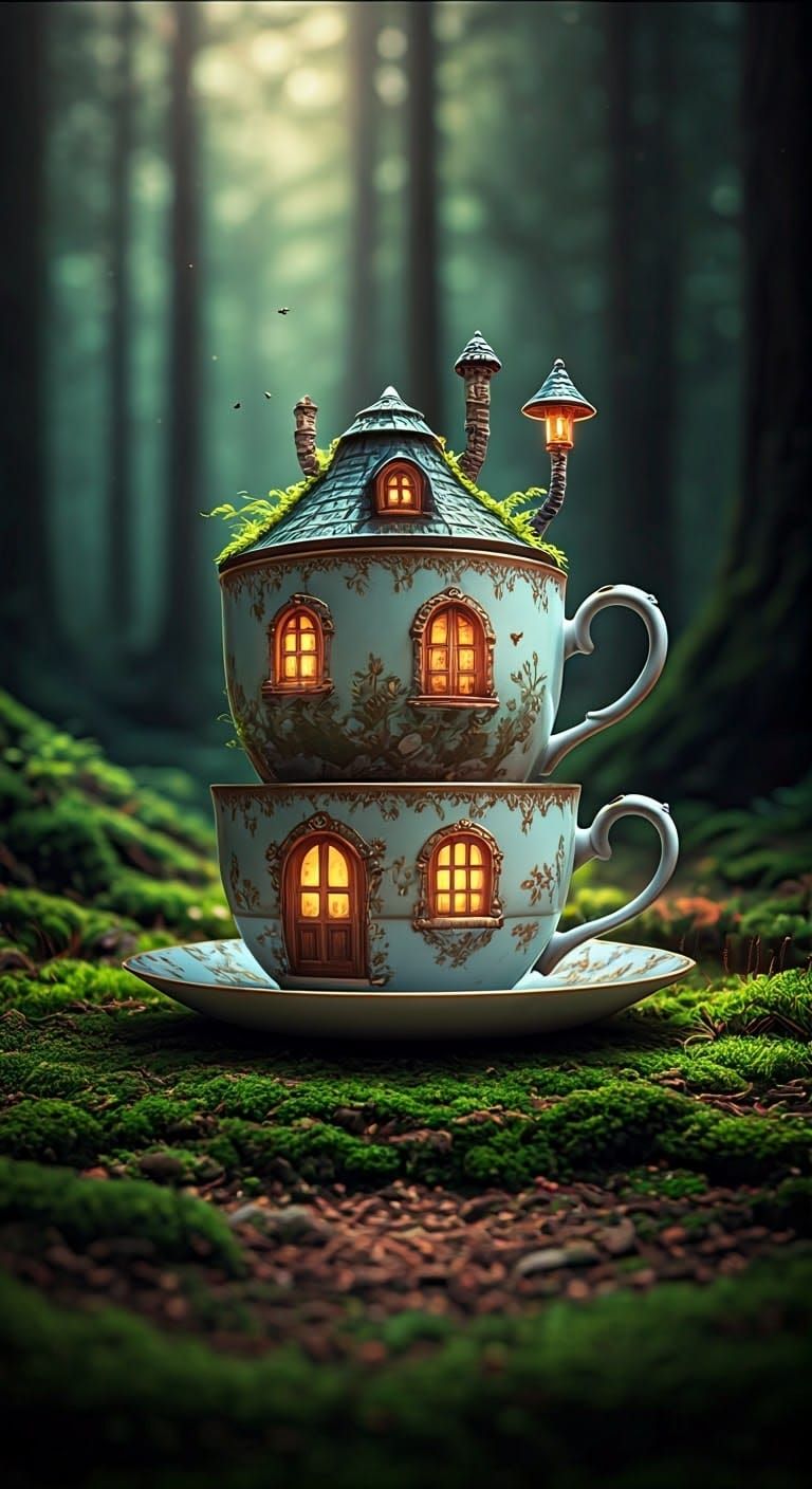 Whimsical Teacup Mushroom House in Lush Forest
